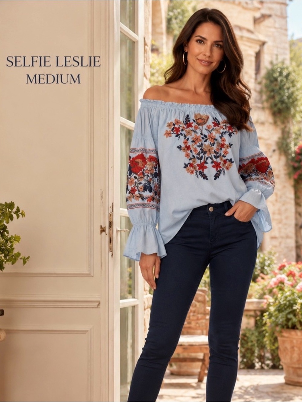 Selfie Leslie M Blue Off Shoulder Embroidered Boho Peasant Cotton Blouse